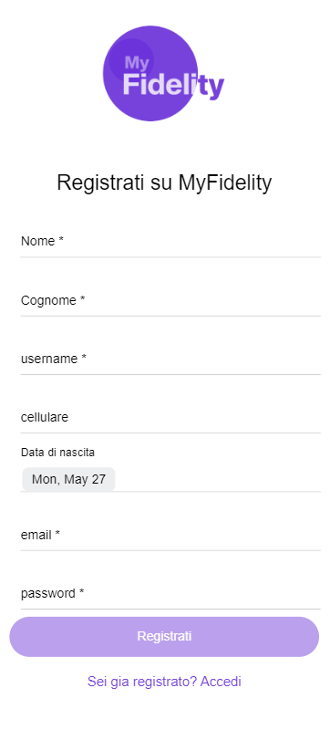 Pagina Registrazione